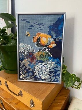 Vintage Handmade Framed Cross-Stitch Tropical Fish Artwork - Blue, Orange